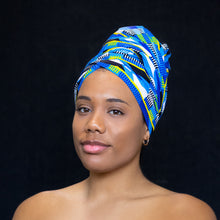 Lade das Bild in den Galerie-Viewer, Afrikanisches blau-weißes Kente Kopftuch
