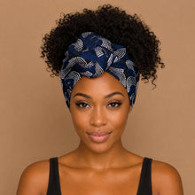 Load image into Gallery viewer, African headwrap - Blue White Wave Patterns
