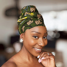 Load image into Gallery viewer, African headwrap - Dark Green &amp; Yellow Botanical Flow
