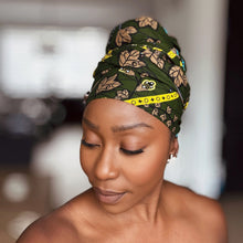 Load image into Gallery viewer, African headwrap - Dark Green &amp; Yellow Botanical Flow
