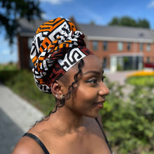 Lade das Bild in den Galerie-Viewer, African headwrap - Brown &amp; Yellow-Orange Kuba Blocks Congo
