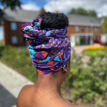 Lade das Bild in den Galerie-Viewer, African headwrap - Purple &amp; Light Blue Mandala Patchwork
