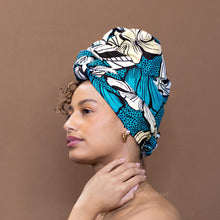 Load image into Gallery viewer, African Dark turquoise flower headwrap

