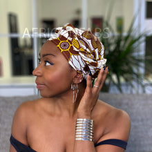 Load image into Gallery viewer, African headwrap - Brown / white big flower
