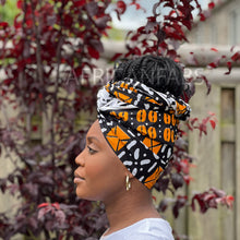Lade das Bild in den Galerie-Viewer, Kopftuch aus afrikanischem schwarz/orangefarbenem Bogolan/Schlammstoff
