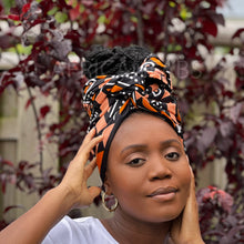 Load image into Gallery viewer, African Black / salmon bogolan / mud cloth headwrap
