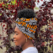 Load image into Gallery viewer, African Black / orange bogolan / mud cloth headwrap
