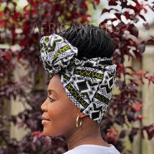 Load image into Gallery viewer, African Green / white bogolan / mud cloth headwrap
