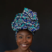 Load image into Gallery viewer, African Blue / white bogolan / mud cloth headwrap

