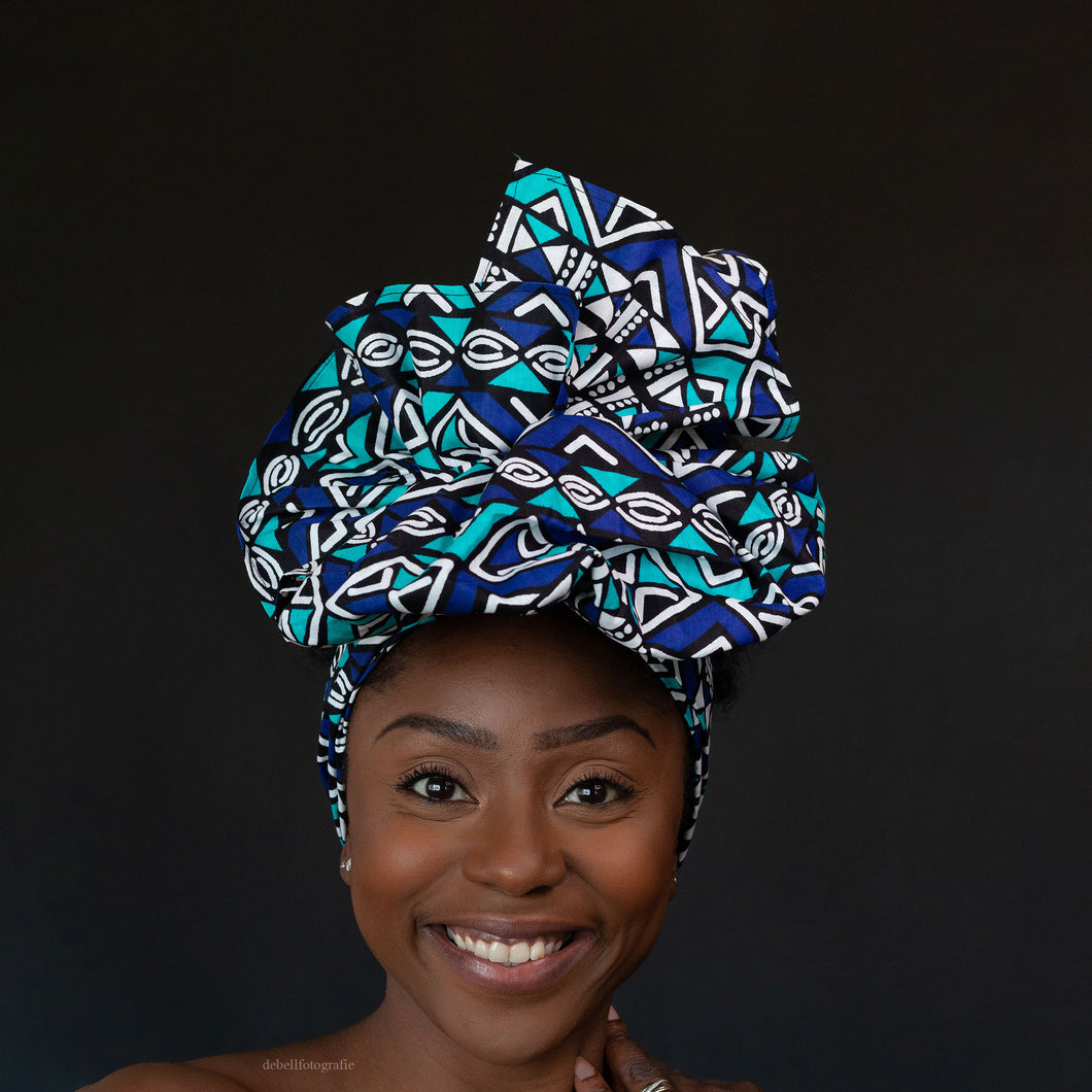 African Blue / white bogolan / mud cloth headwrap