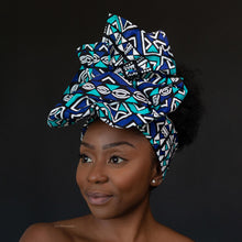 Load image into Gallery viewer, African Blue / white bogolan / mud cloth headwrap
