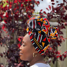 Load image into Gallery viewer, African Black / red bogolan / mud cloth headwrap
