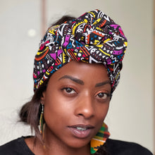 Load image into Gallery viewer, African Yellow / purple Tribal print Bogolan / mud cloth headwrap
