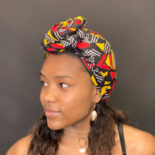 Load image into Gallery viewer, African Black / Red / Yellow bogolan / mud cloth headwrap
