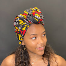 Load image into Gallery viewer, African Black / Red / Yellow bogolan / mud cloth headwrap

