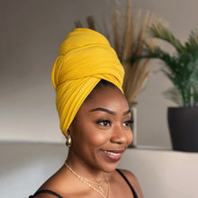 Charger l&#39;image dans la galerie, Headwrap jaune ocre - Turban en tissu jersey extensible
