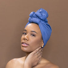 Charger l&#39;image dans la galerie, Headwrap Bleu Denim - Turban en Tissu Jersey Extensible
