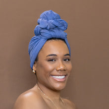 Charger l&#39;image dans la galerie, Headwrap Bleu Denim - Turban en Tissu Jersey Extensible
