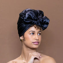 Load image into Gallery viewer, Black Satin scarf / bandana / square headwrap
