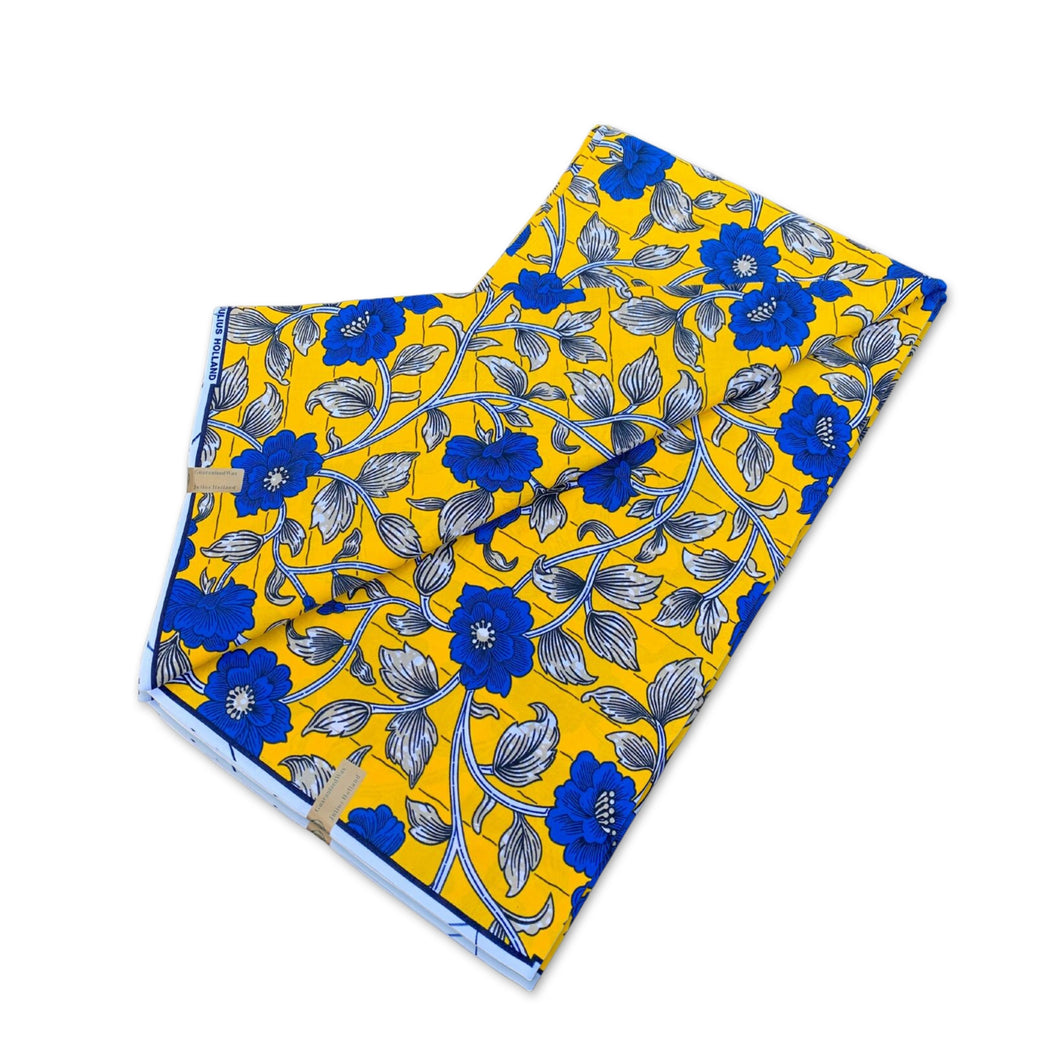 6 Yards - Tissu imprimé Wax Africain - Fleurs Bleues Jaunes