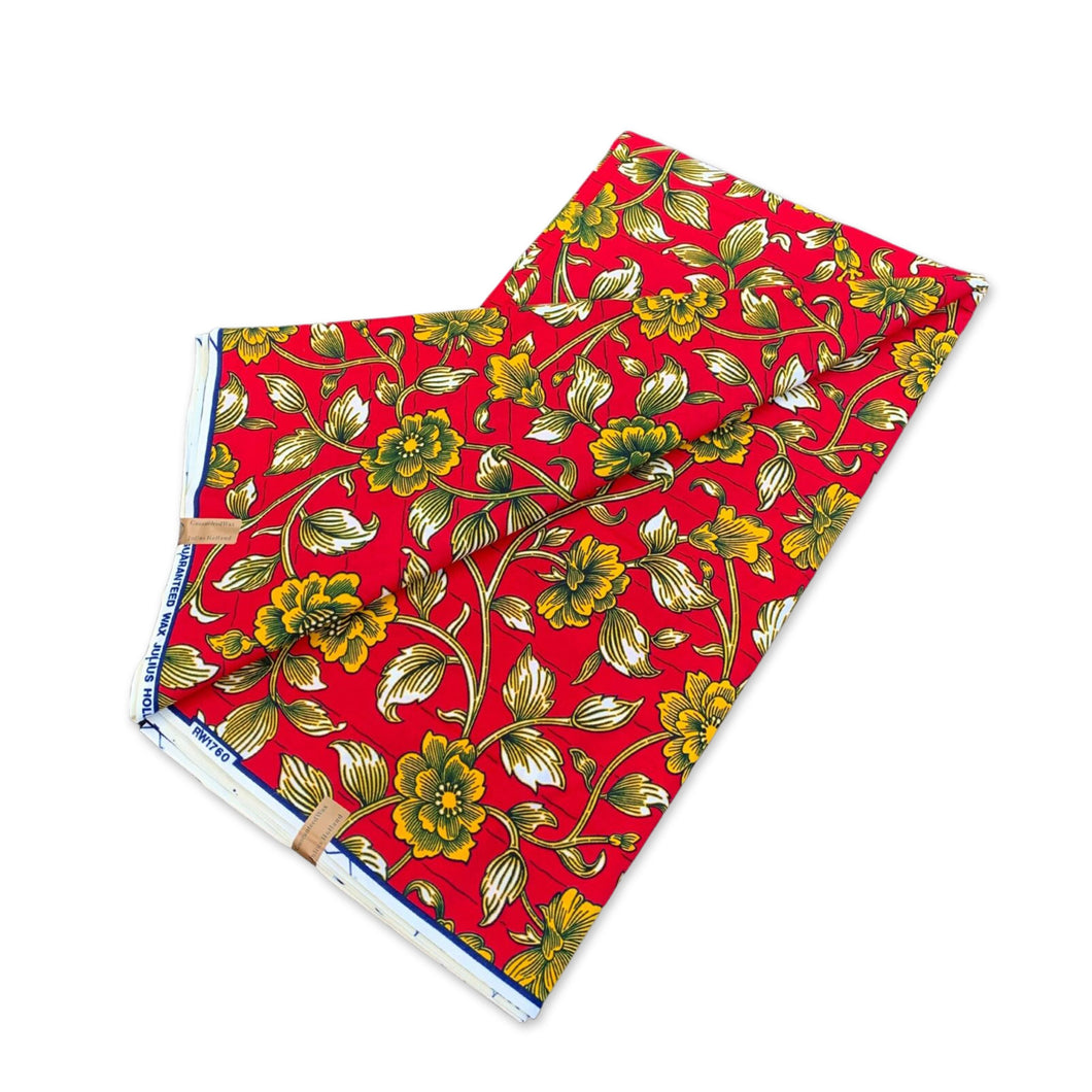 6 Yards - Tissu imprimé Wax Africain - Fleurs Rouges Jaunes