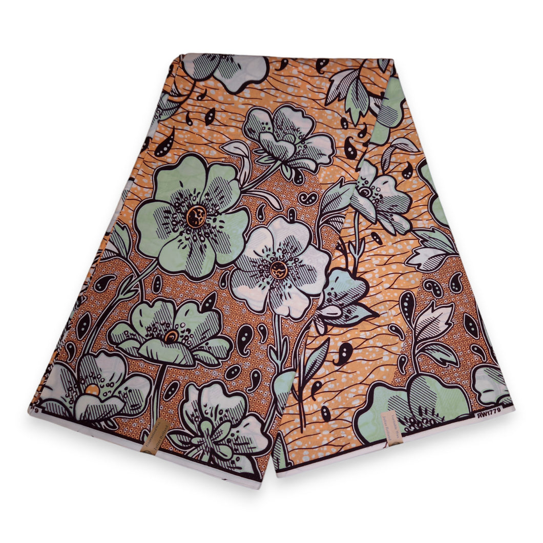 6 Yards - African Wax print fabric - Peach flowers