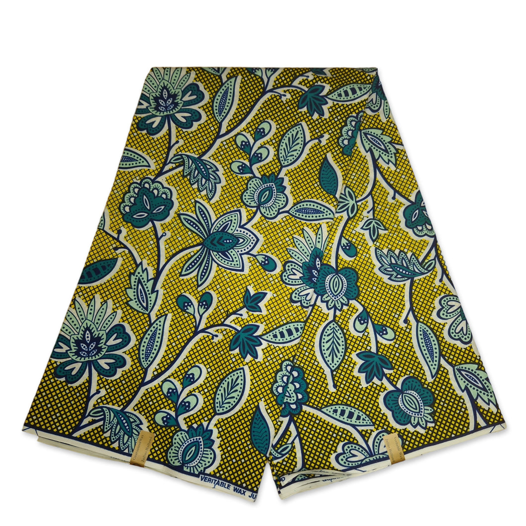 6 Yards - African Wax print fabric - Yellow leaftrails