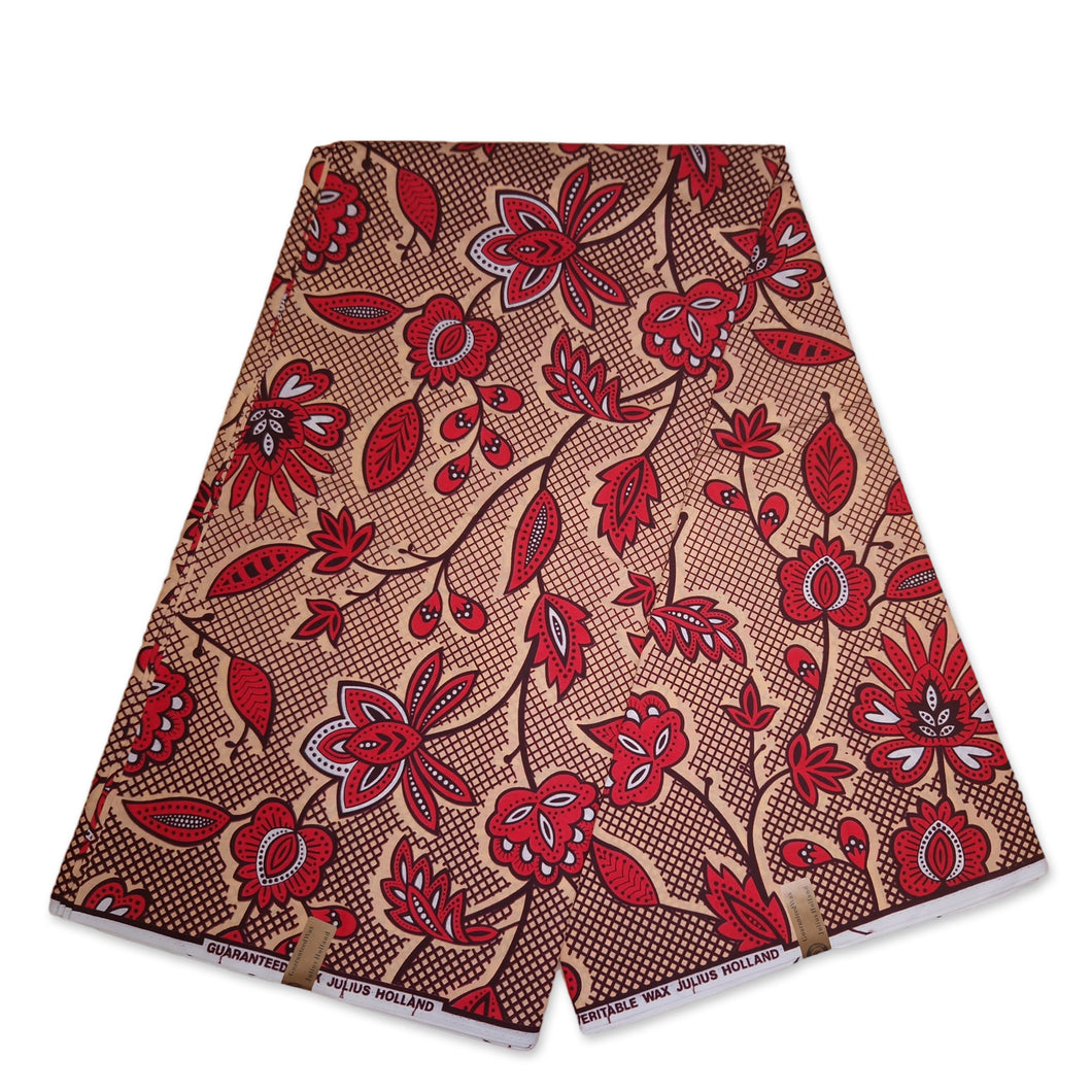 6 Yards - African Wax print fabric - Red leaftrails