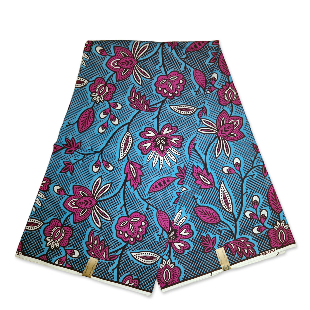 6 Yards - African Wax print fabric - Blue / Pink leaftrails