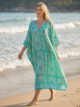 Load image into Gallery viewer, Boho rayon kaftan dress - Turquoise Sea Fern
