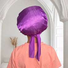 Load image into Gallery viewer, Purple Satin Hair Bonnet with Tie Straps (Kids / Children&#39;s size 3-7 years) ( Satin Night sleep cap)
