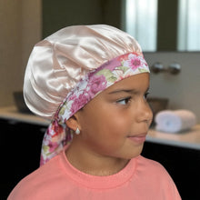 Load image into Gallery viewer, Flower Satin Hair Bonnet with Tie Straps (Kids / Children&#39;s size 3-7 years) ( Satin Night sleep cap)
