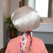 Load image into Gallery viewer, Flower Satin Hair Bonnet with Tie Straps (Kids / Children&#39;s size 3-7 years) ( Satin Night sleep cap)
