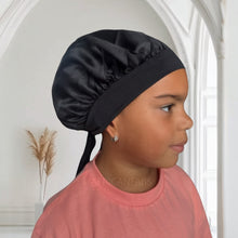 Load image into Gallery viewer, Black Satin Hair Bonnet with Tie Straps (Kids / Children&#39;s size 3-7 years) ( Satin Night sleep cap)
