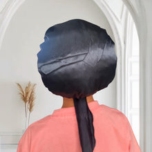 Load image into Gallery viewer, Black Satin Hair Bonnet with Tie Straps (Kids / Children&#39;s size 3-7 years) ( Satin Night sleep cap)
