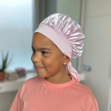 Load image into Gallery viewer, Pink Satin Hair Bonnet with Tie Straps (Kids / Children&#39;s size 3-7 years) ( Satin Night sleep cap)
