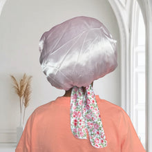 Load image into Gallery viewer, Pink flower Satin Hair Bonnet with Tie Straps (Kids / Children&#39;s size 3-7 years) ( Satin Night sleep cap)
