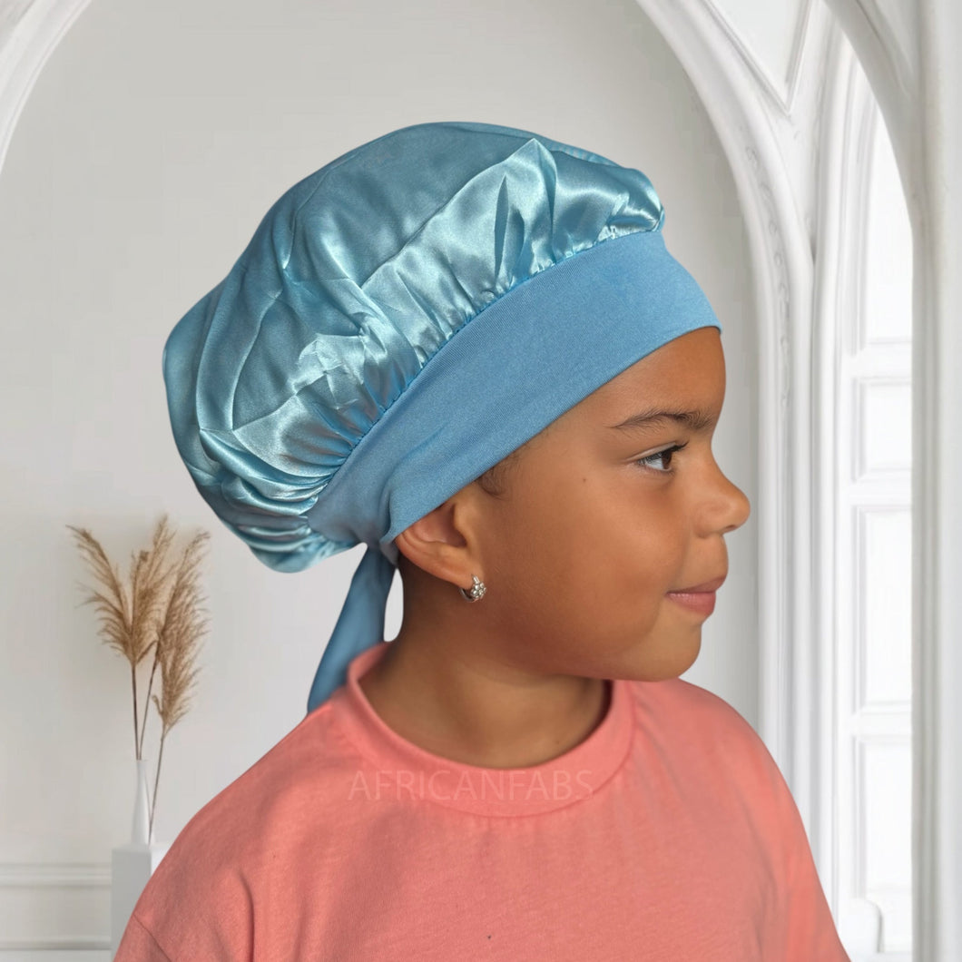Blue Satin Hair Bonnet with Tie Straps (Kids / Children's size 3-7 years) ( Satin Night sleep cap)