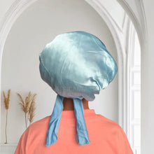 Load image into Gallery viewer, Blue Satin Hair Bonnet with Tie Straps (Kids / Children&#39;s size 3-7 years) ( Satin Night sleep cap)
