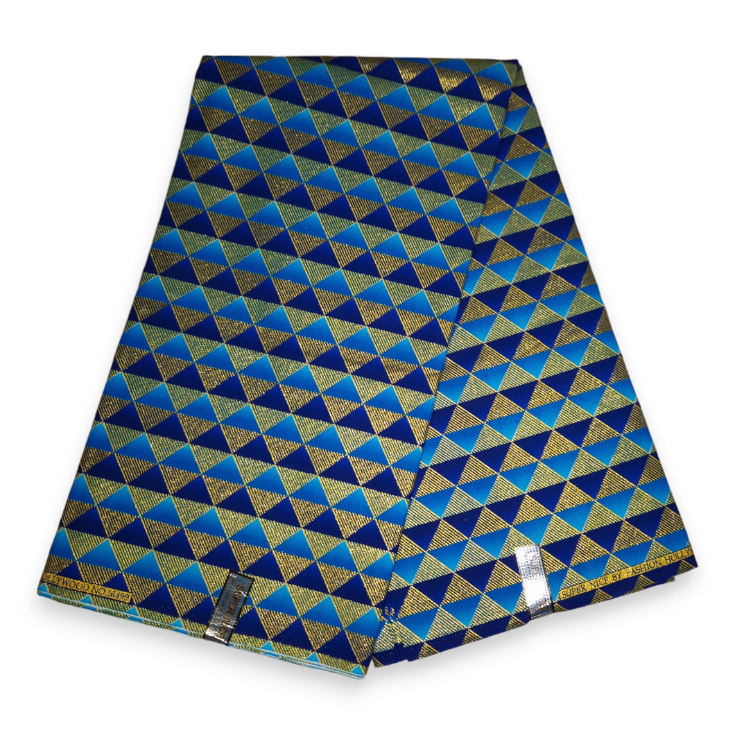 6 Yards - Afrikanischer Druckstoff - Exklusive verzierte Glitzereffekte, 100 % Baumwolle - KT-3073 Goldblau