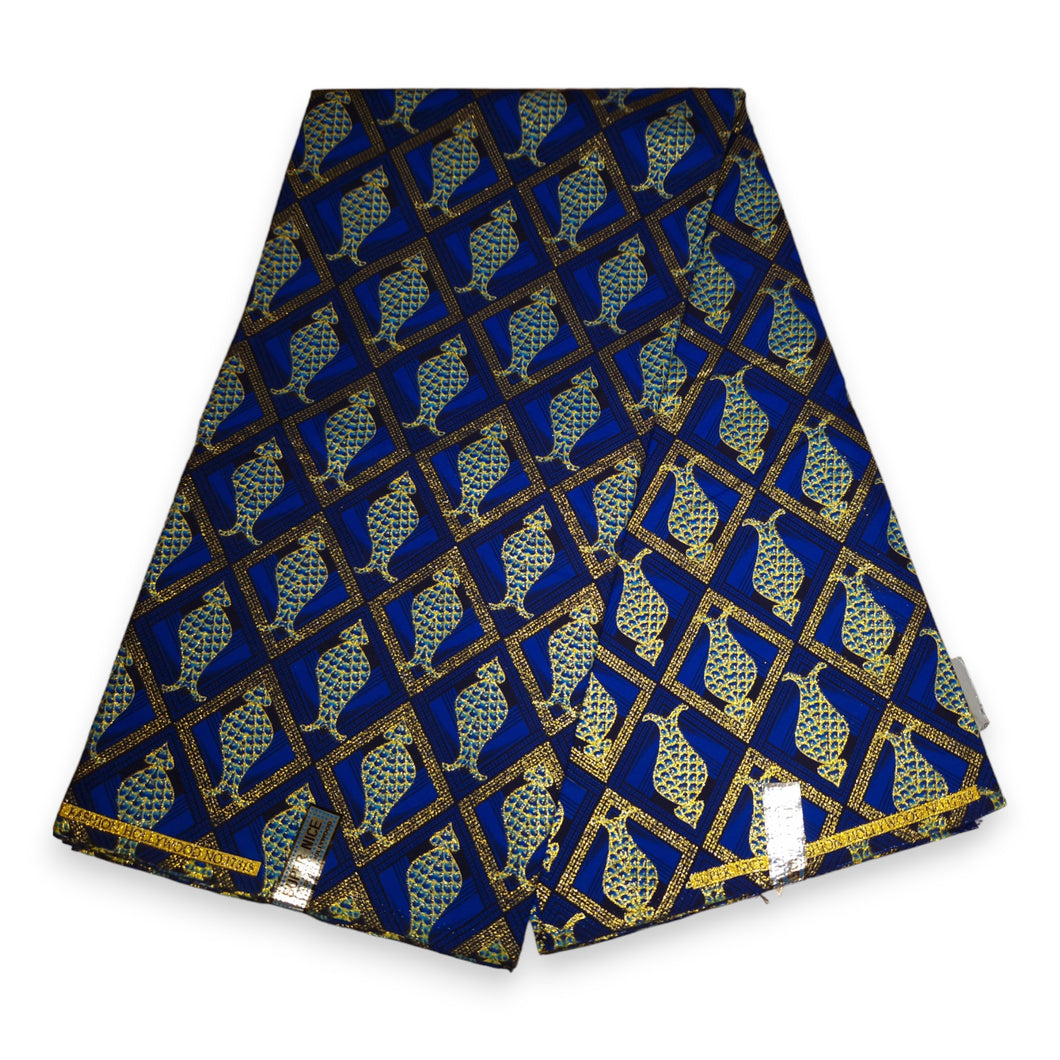 6 Yards - Tissu imprimé africain - Effets pailletés embellis exclusifs 100% coton - KT-3077 Bleu Or