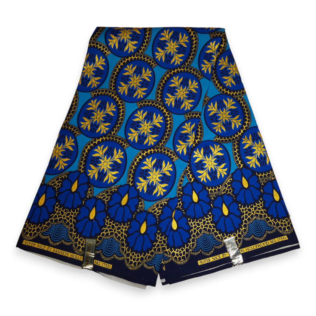 6 Yards - Afrikanischer Druckstoff - Exklusive verzierte Glitzereffekte, 100 % Baumwolle - KT-3080 Goldblau