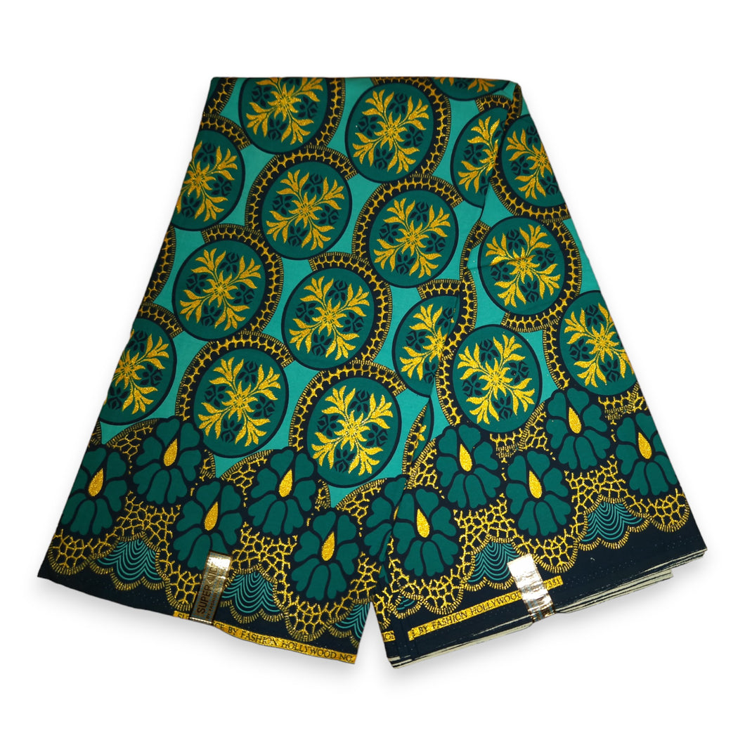 6 Yards - Tissu imprimé africain - Effets pailletés embellis exclusifs 100% coton - KT-3082 Or Vert