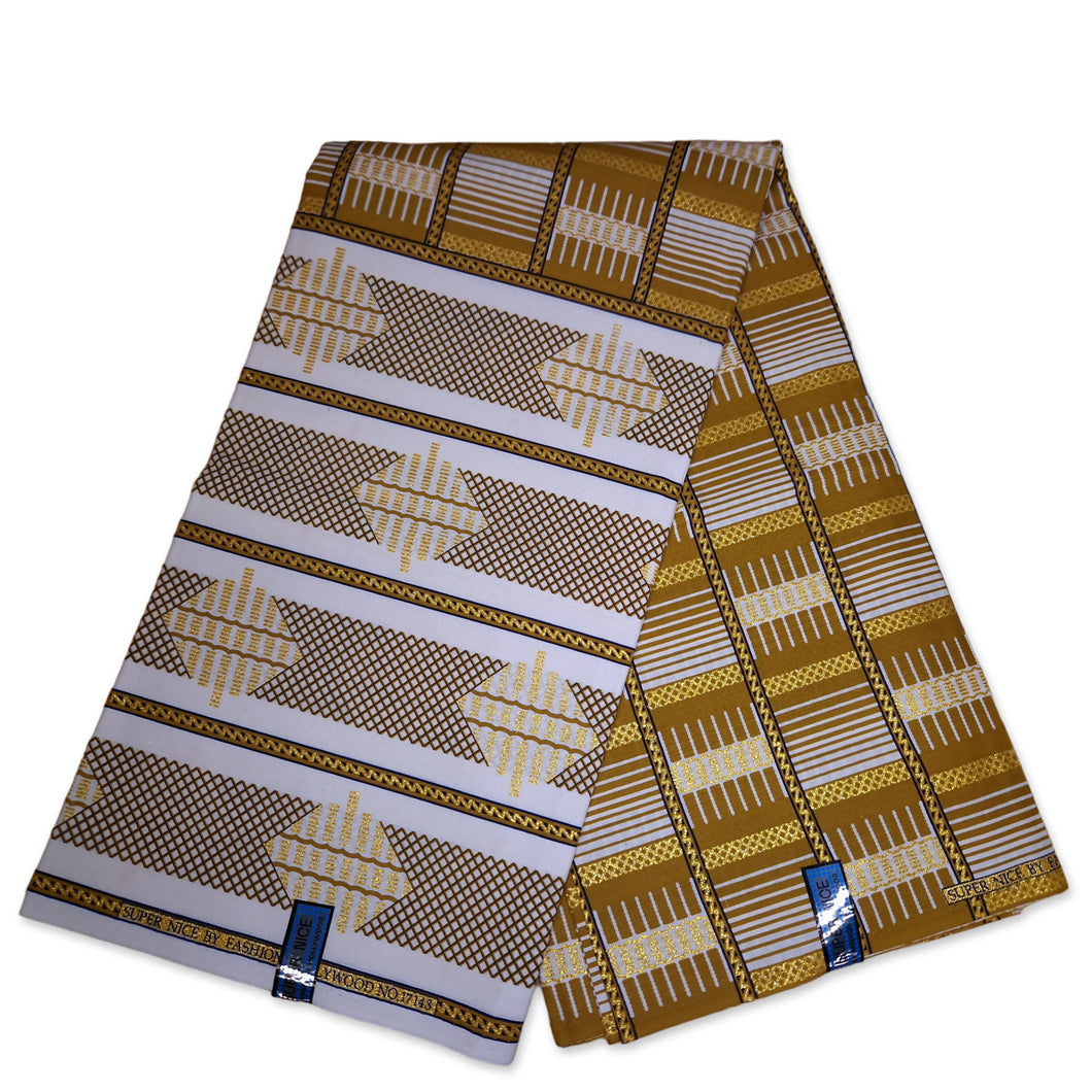 6 Yards - Tissu imprimé africain - Effets pailletés embellis exclusifs 100% coton - KT-3085 Kente Gold White