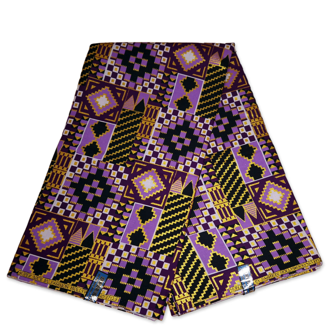 6 Yards – Afrikanischer Druckstoff – Exklusive verzierte Glitzereffekte, 100 % Baumwolle – KT-3086 Kente Gold Purple