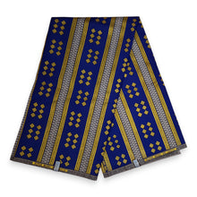 Charger l&#39;image dans la galerie, Tissu imprimé africain - Effets pailletés exclusifs - Poly - KT-3095 Gold Blue Kente - 6 Yards
