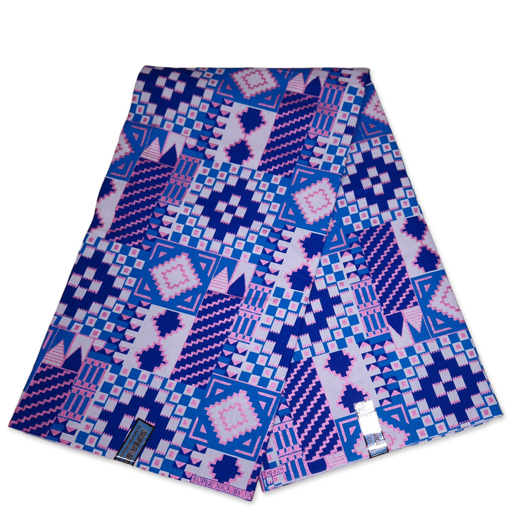 6 Yards - Tissu imprimé africain - Effets pailletés embellis exclusifs 100% coton - KT-3124 Kente Blue Pink