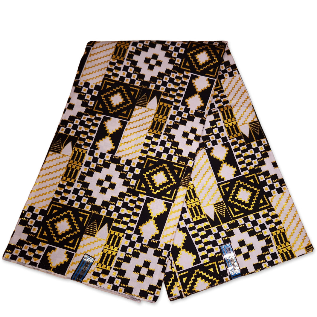 6 Yards - African print fabric - Exclusive Embellished Glitter effects 100% cotton - KT-3130 Kente Gold Black White