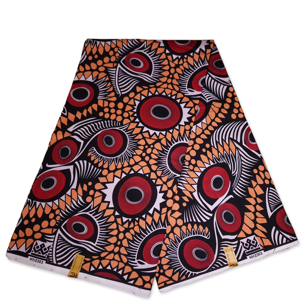 6 Yards - African Wax print fabric - Peach / black form