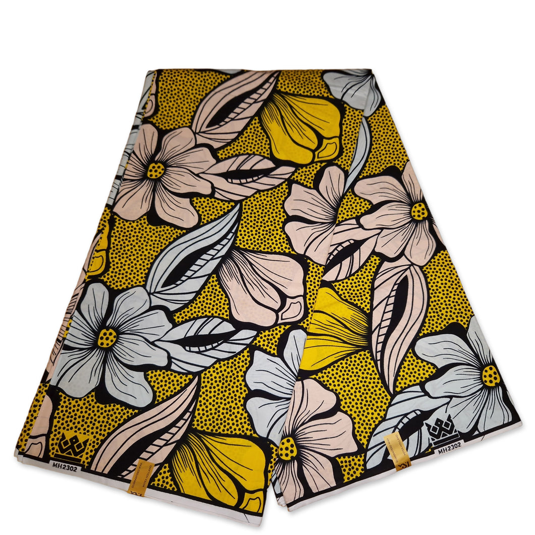 6 Yards - African Wax print fabric - Yellow Big flower